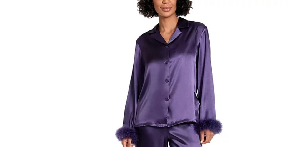 LINEA DONATELLA Marabou Feather-Trimmed Satin Pajama Top PURPLE XL