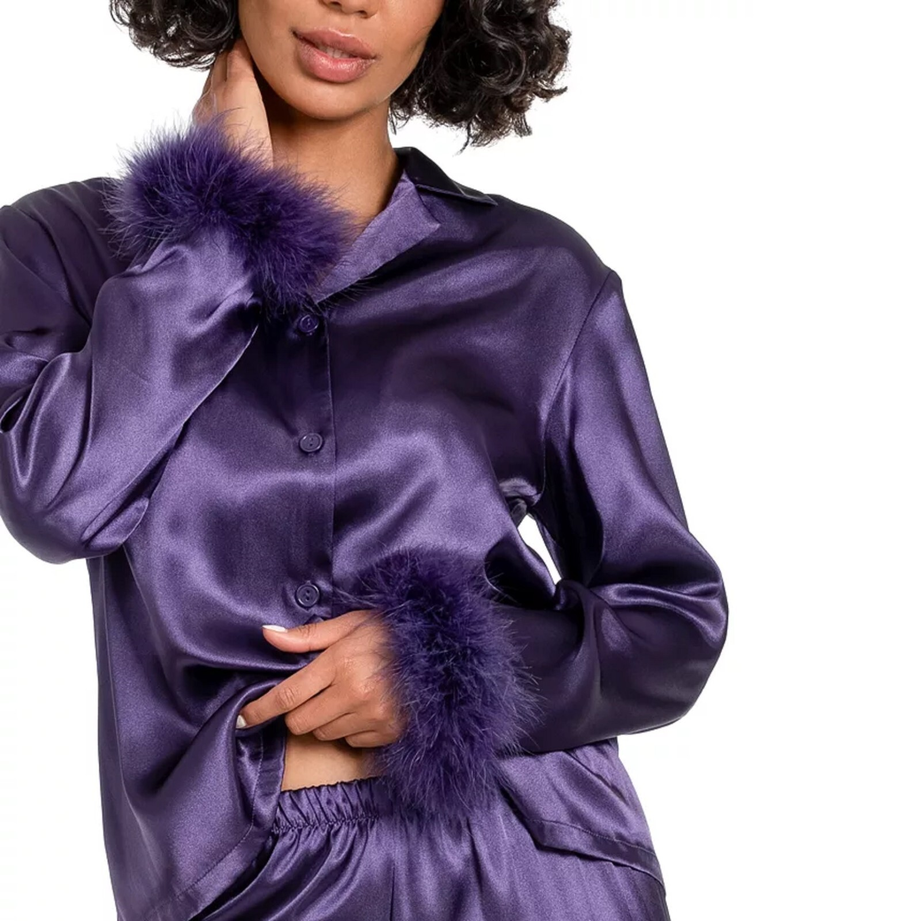 LINEA DONATELLA Marabou Feather-Trimmed Satin Pajama Top PURPLE XL