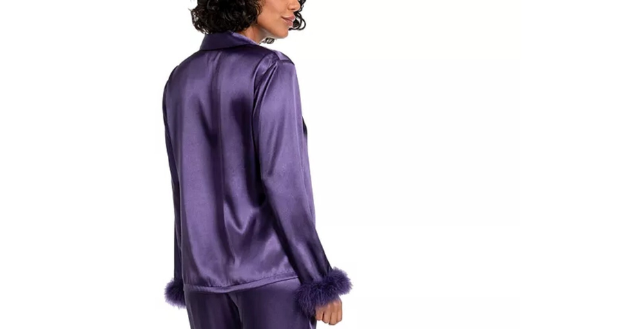 LINEA DONATELLA Marabou Feather-Trimmed Satin Pajama Top PURPLE XL