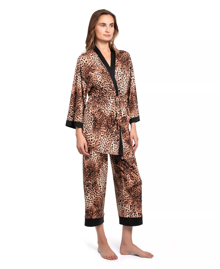LINEA DONATELLA 2-Piece Leopard Skin Knit Pajama Set Only pants and robe TAUPE L