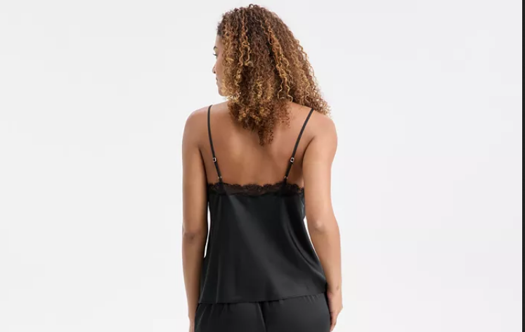 I.N.C Stretch Satin Lace-Trim Top BLACK M