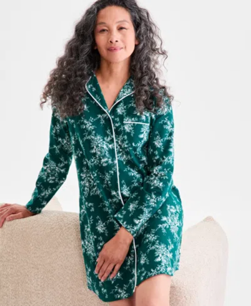 CHARTER CLUB Cotton Flannel Printed Long Sleeve Sleepshirt GREEN M