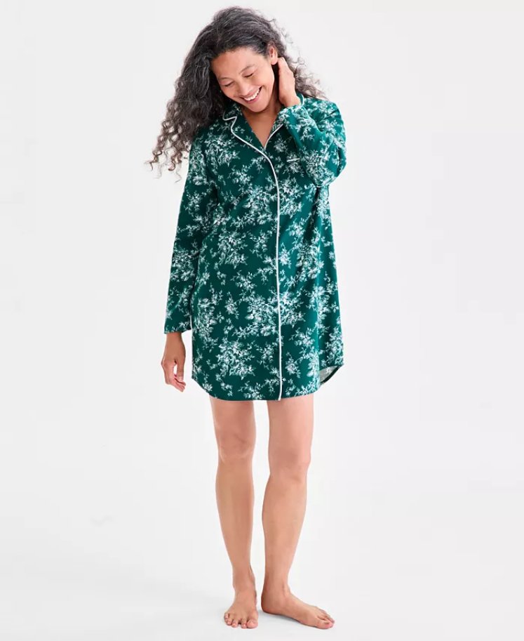 CHARTER CLUB Cotton Flannel Printed Long Sleeve Sleepshirt GREEN M