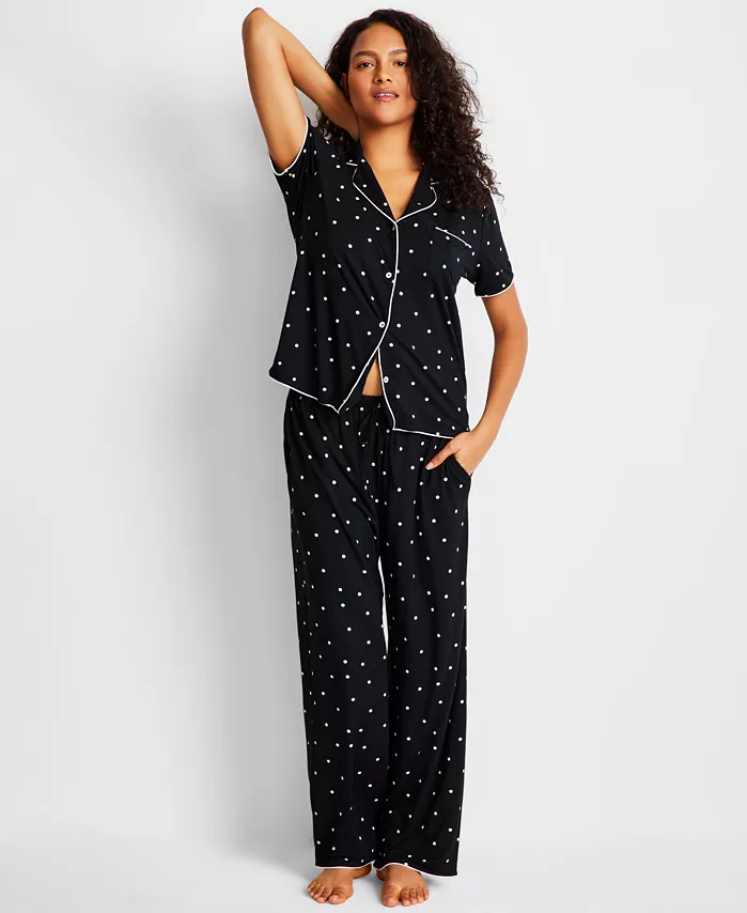 STATE OF DAY Modal Fluid Knit Notch Collar Pajama Set BLACK XS