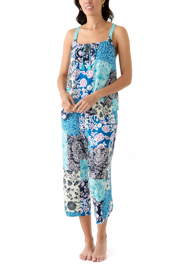 LINEA DONATELLA Sharkbite Printed Cropped Knit Pajama Set BLUE S