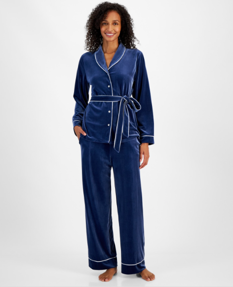 I.N.C 2-Pc. Velvet Shawl-Collar Pajama Set NAVY L