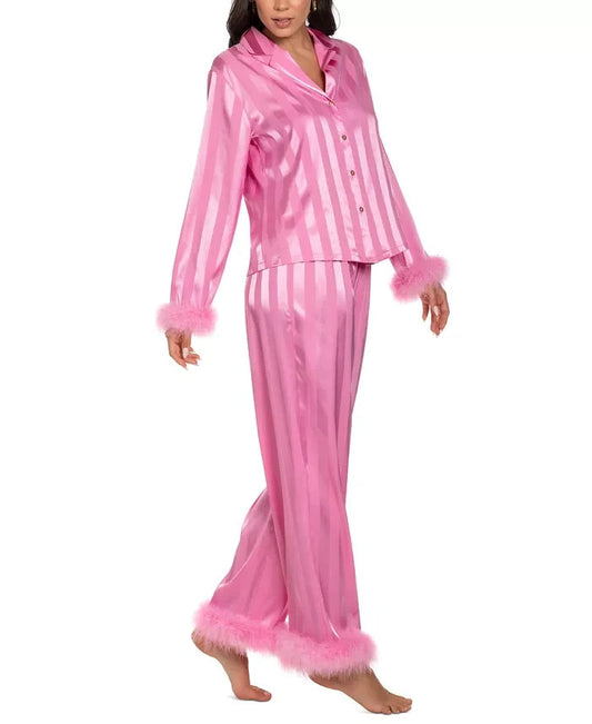 LINEA DONATELLA 2-Pc. Satin Feather-Trim Pajama Set ROSE CHAUD M