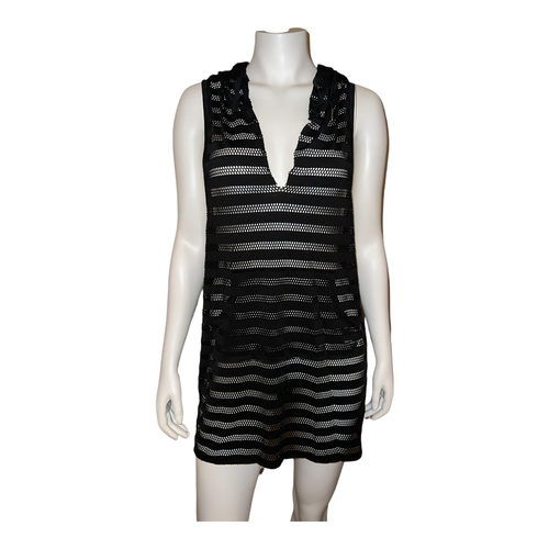 CALVIN KLEIN Swimwear Crochet Striped Hooded Tunic Swim Cover-Up BLACK S/M