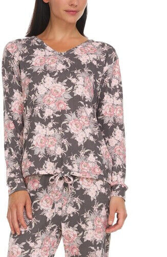 Flora Nikrooz Jenna Printed Sweater-Knit Pajama Top Charcoal M