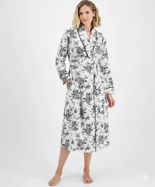 CHARTER CLUB Long Sleeves Floral-Print Flannel Robe FLORAL WHITE XS/S