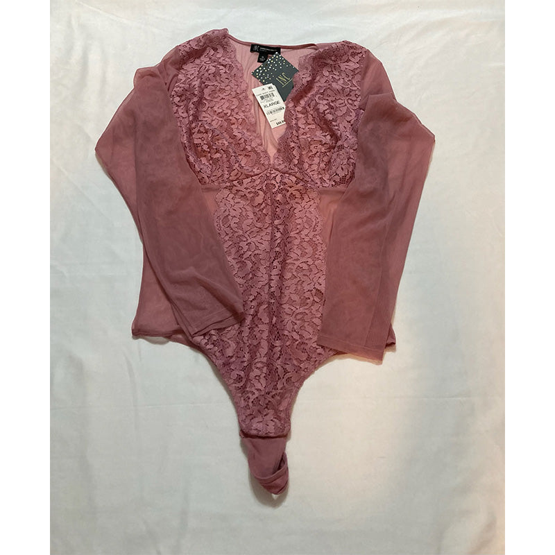 INC International Concepts Long Sleeve Lace Bodysuit Pink XL