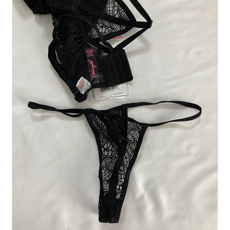 Dreamgirl  Lace Garter Slip with Architectural Detailing and Thong Set Black M